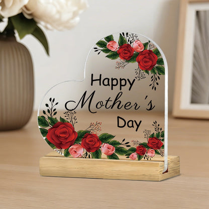 Mother's Day Heart-Shaped Acrylic Sign with Floral Print, 10.8 cm Height and Freestanding Wooden Base