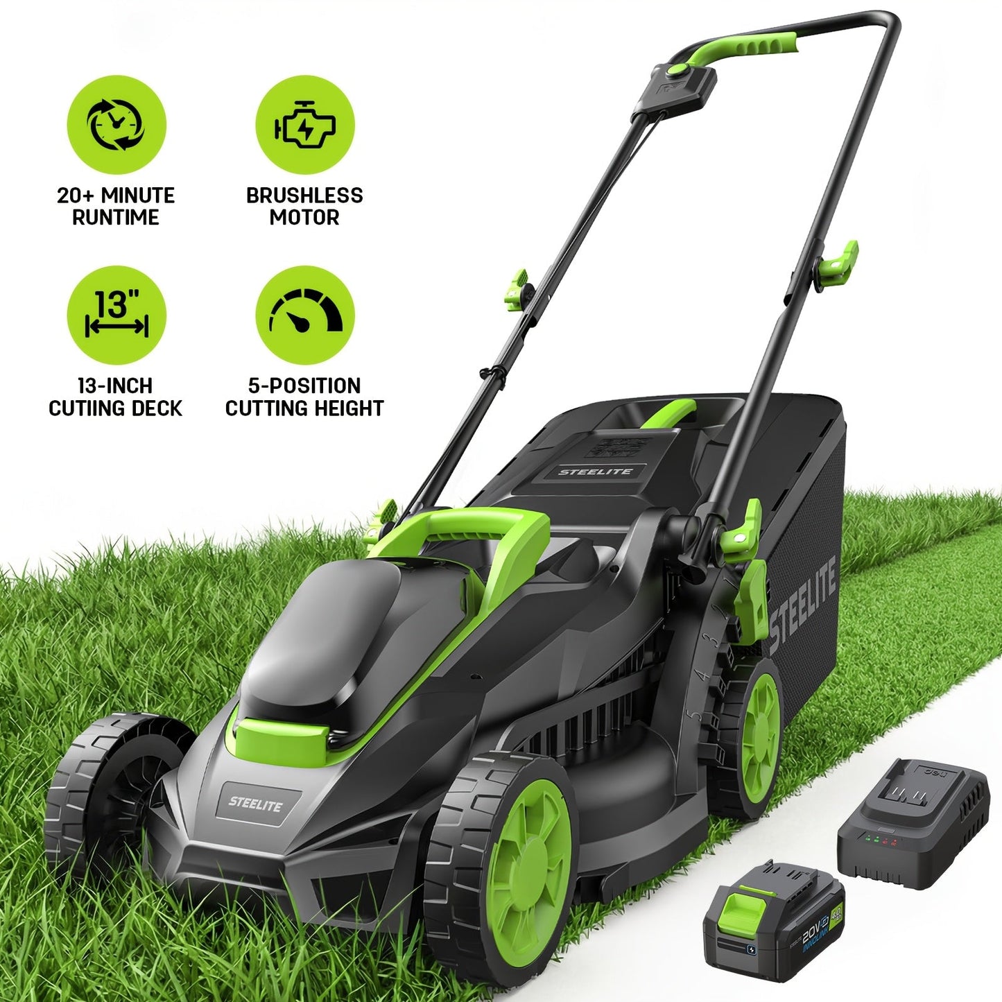 Cordless Lawn Mower Brushless Motor 13-Inch 21V Electric Lawn Mower Battery Powered with 4.0Ah Battery & Charger Included for Small to Medium Yards