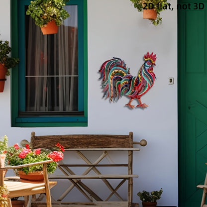 Colorful Flat Metal Rooster Wall Decoration, 11.8 by 11.46 Inches, with Layered Farmhouse Cutout Design
