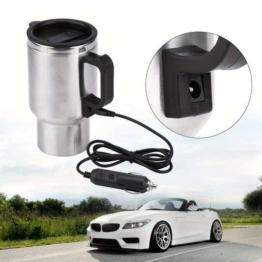 12V Car Electric Heating Travel Mug 450ml, Stainless Steel Car Electric Kettle with Cigarette Lighter Plug, 65°C Keep Warm Coffee Mug Heater for Road Trip Camping