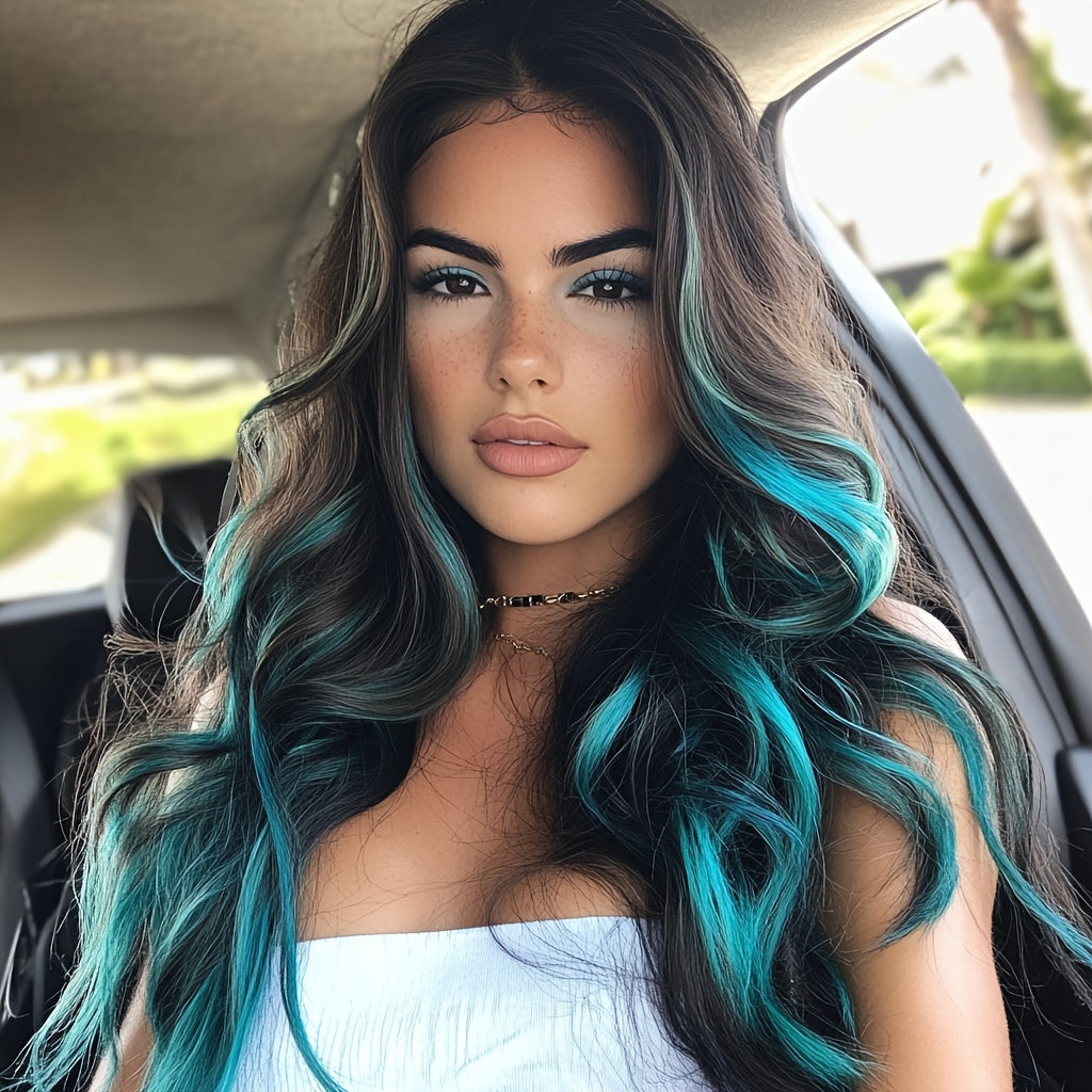 Synthetic Wig 24-Inch Mineral Green Ombre Style with Adjustable Rose Mesh Cap and Combs for Cosplay