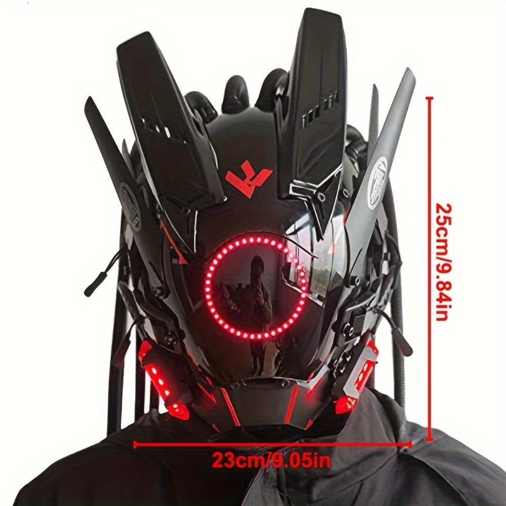 LED Braided Cyberpunk Costume Helmet with Circular Face Light and Blue, Green or Pink Accent Styles