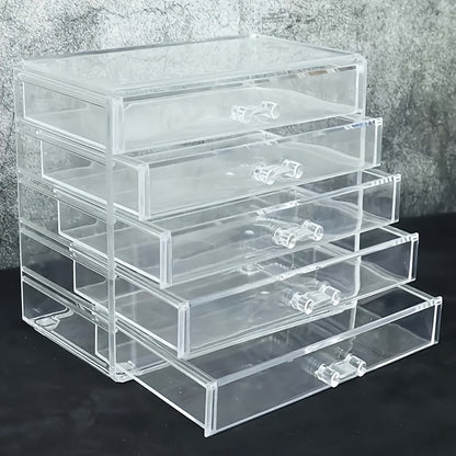 Clear Acrylic Makeup Organizer 5-Tier with Drawers Dustproof Cosmetic Storage for Lipstick Foundation Brushes Skincare — No Installation Vanity Bathroom Office Desk