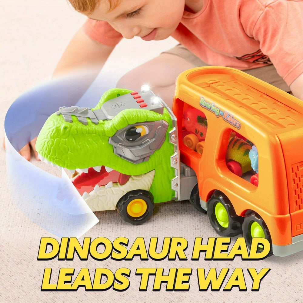 T-Rex Carrier Truck Toy with 6 Mini Rubber Dinosaur Cars LED Lights & Roaring Sound – Sliding Ramp Launch Two-Level Storage Transport Vehicle for Toddlers Kids Ages 2-6 Birthday Gift Boys Girls
