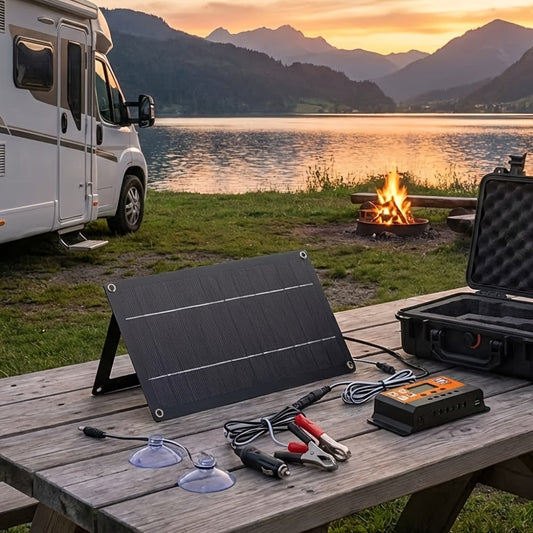 Solar Panel Kit with Charge Controller, Extension Cord & Battery Clamps - Universal Off-Grid Power for RV, Boat, Motorcycle, Outdoor Camera & Solar Generator