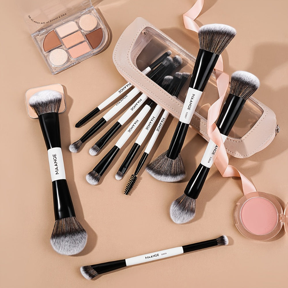 Double-Ended Makeup Brush Set 10PCS with Cosmetic Bag – Soft Nylon Bristles Dual-Ended Blush Eyeshadow Face Brushes Professional Kit for Beginners & Pros Women