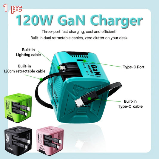 GaN Charger 120W with Lightning & Type-C Retractable Cables 47in, Foldable Plug USB-C Wall Adapter – With or Without Cable Option for iPhone 17 16 15 Pro Max, Samsung Galaxy S25 S24, Android Devices