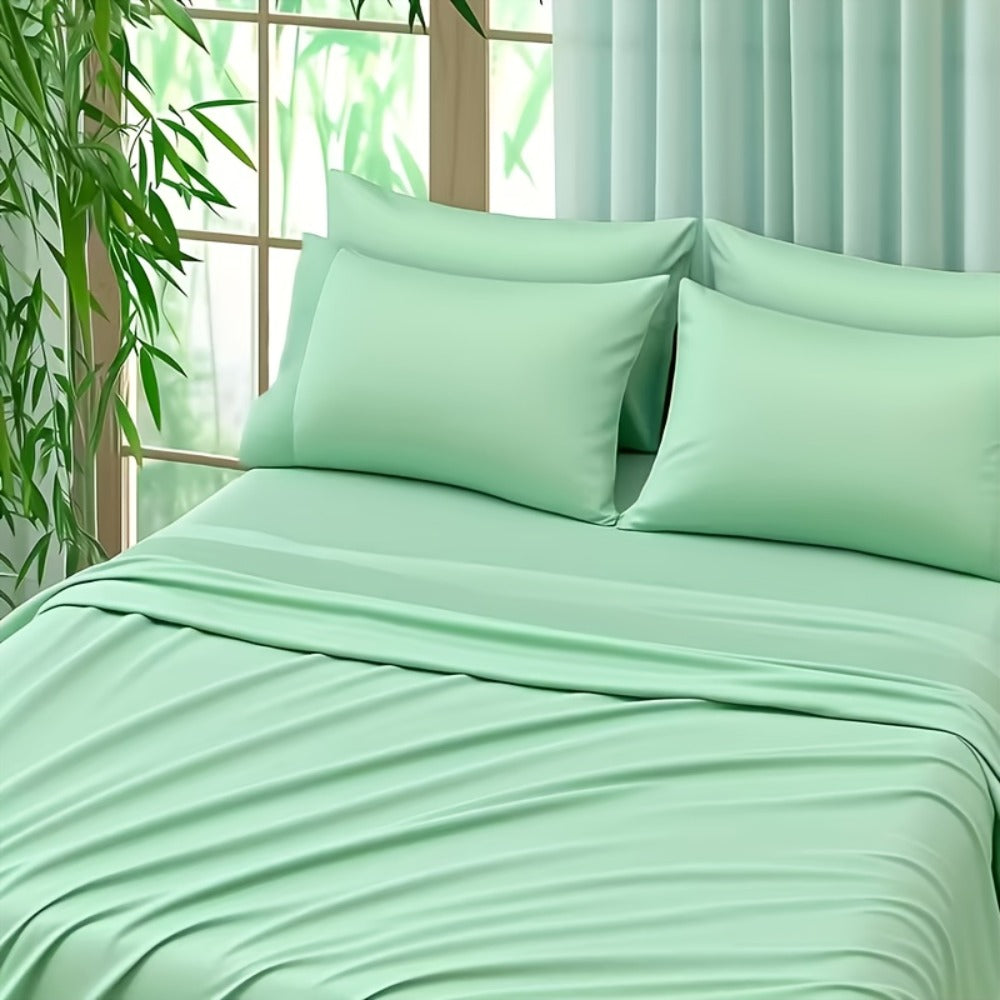 Bed Sheet Set 4-Piece Bamboo-Derived Cooling Fabric with Deep-Pocket Fitted Sheet and Four Bed Sizes