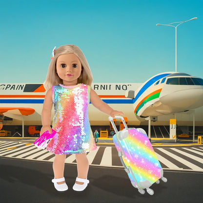 Twenty-Four-Piece Travel Accessory Set for 18-Inch Dolls with Rainbow Suitcase, Sequin Dress and Shoes
