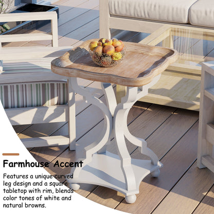 Side Table Rustic Raised-Tray Accent Design with Distressed Wood-Like Finish in Square or Round Shape