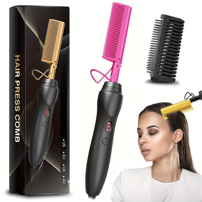 Electric Hot Comb Hair Straightener – 3-in-1 Ceramic Pressing Comb for Natural Hair, Beard & Wigs, Curling & Straightening Iron with Protective Holder, Bonus 2 Clips & 1 Comb, Gift Ready