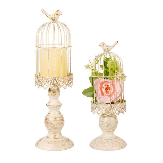 Birdcage Candle Holders Set of 2, Vintage Metal Candlestick Holders with Polished Finish — Wedding Table Centerpieces, Home Decor & Christmas Decoration | Black & White