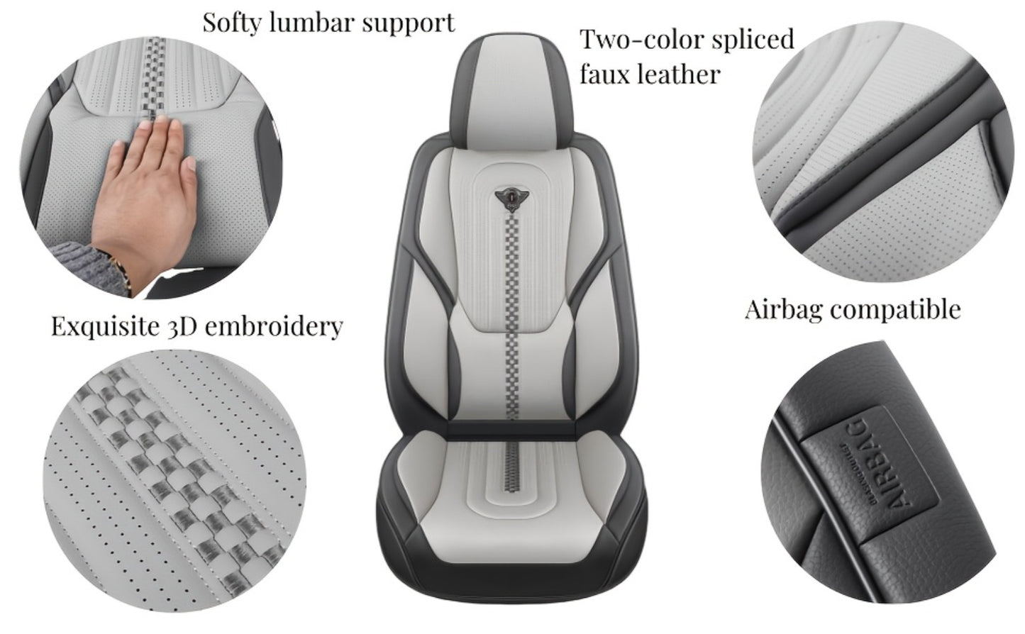 PU Leather Car Seat Cover Full Enclosure with Lumbar Support & Sponge Cushion – Two-Tone Sporty Design Universal Fit for Car Sedan Truck SUV (White-Black / Gray / Red-Black / Orange-Black)