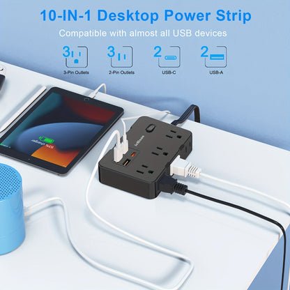 Flat Plug Extension Cord Surge Protector 10-in-1 with 6 AC Outlets 2 USB-C 2 USB-A Ports 5ft Ultra Thin Power Strip 5V/3.1A Wall Mount Charging Station for Home Office Dorm – Black & White