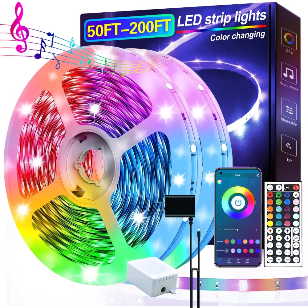 Music Sync LED Strip Lights with APP & 24-Key Remote - RGB Color Changing Built-in Mic USB Plug-and-Play 100FT 130FT 200FT for Bedroom Gaming Room Party Holiday Home Decoration