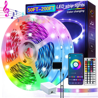 Music Sync LED Strip Lights with APP & 24-Key Remote - RGB Color Changing Built-in Mic USB Plug-and-Play 100FT 130FT 200FT for Bedroom Gaming Room Party Holiday Home Decoration