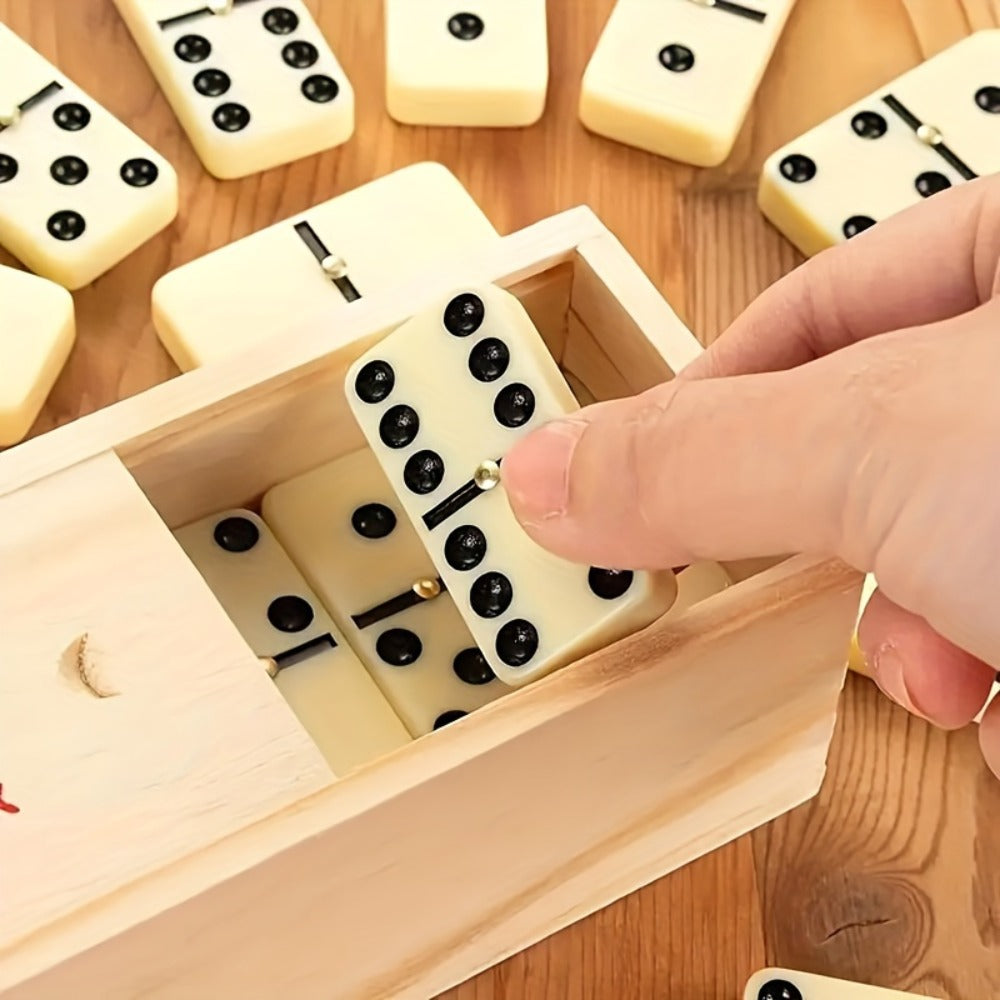Double-Six Dominoes Set with 28 Ivory-Color Tiles and Wooden Storage Case for Adult Game Nights