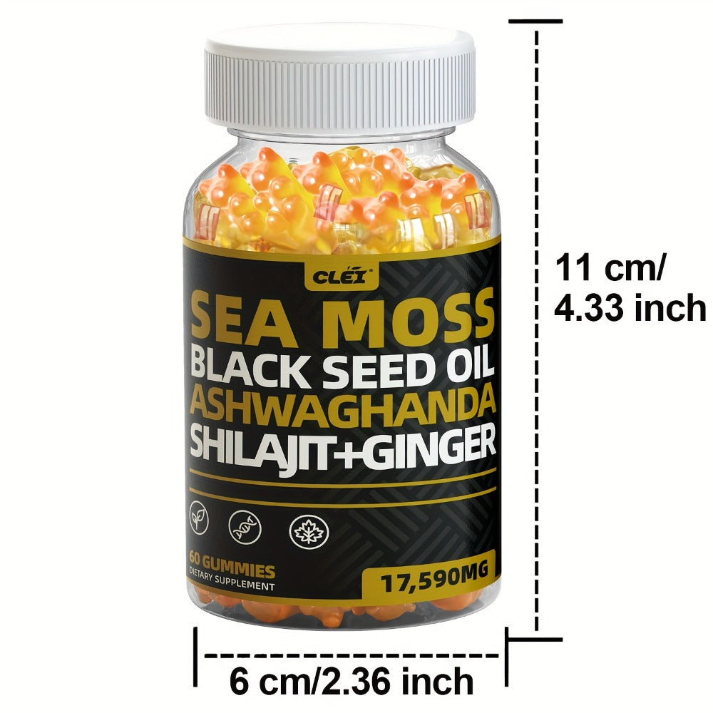 Immune Support Gummies with Sea Moss 1445mg – 10-in-1 Superfood Blend with Black Seed Oil, Ashwagandha, Elderberry, Turmeric, Bladderwrack, Chlorophyll, Shilajit & Ginger – 60 Count Daily Wellness Supplement
