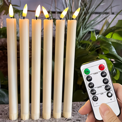 Six-Pack Ivory Flameless Taper Candles with Flickering LED Flames, Remote Control and Timer Modes