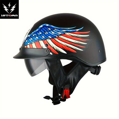 Motorcycle Half Face Helmet – Retractable Smoked Visor, Adjustable Inner Visor, Lightweight Aerodynamic Design, Goggle Compatible, Sizes S–XL