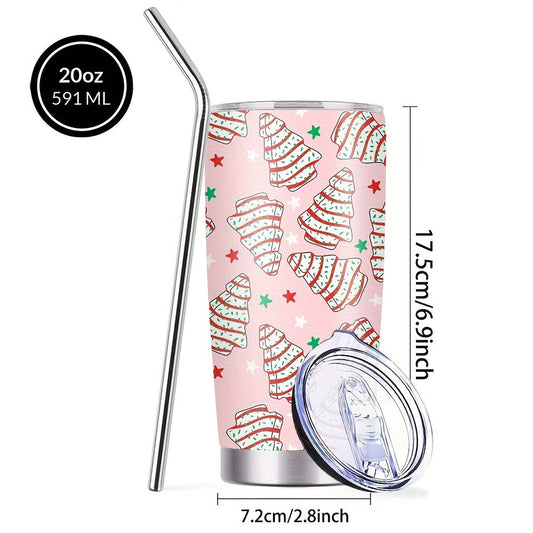 Insulated Tumbler 20oz Christmas Tree Cookie Graphic in Pink Stainless Steel with Lid and Straw