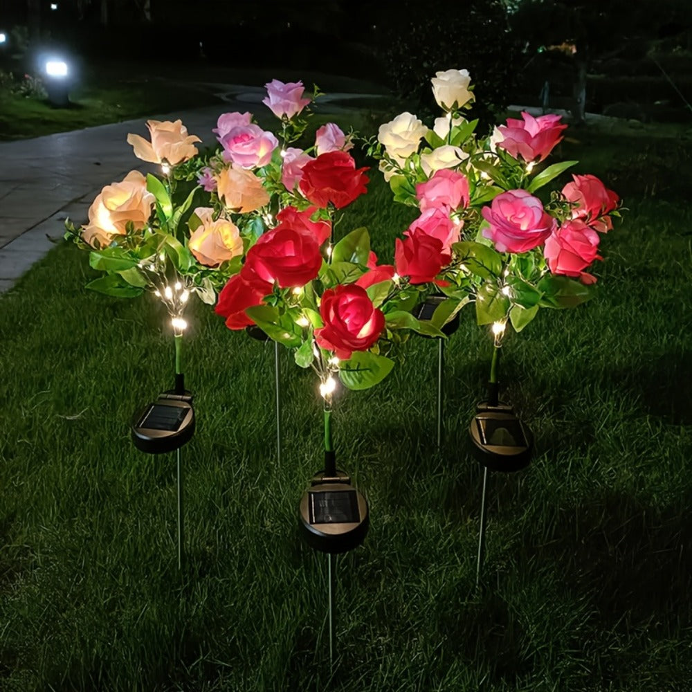 Solar Rose Garden Stake Lights with Separate Panels, Two Stakes and 14 Flowers in Red or Pink