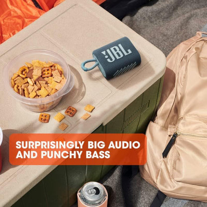 JBL Go 3 IP67 Waterproof Portable Bluetooth Speaker, Big Audio & Punchy Bass, 5-Hour Playtime, USB-C Fast Charge, Rugged Fabric Design with Carry Loop for Outdoor Travel Beach Shower