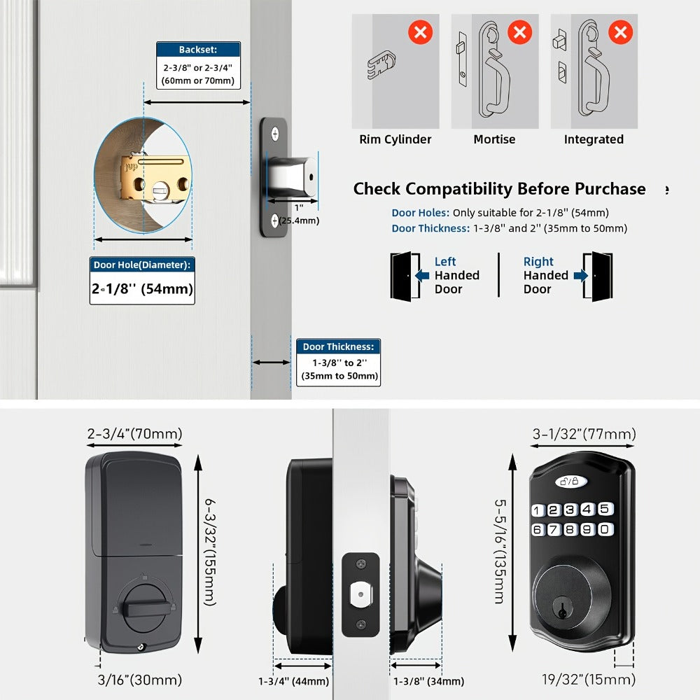 Smart Door Lock Tuya Front Door Deadbolt with Fingerprint Keypad Bluetooth App and Hidden Key