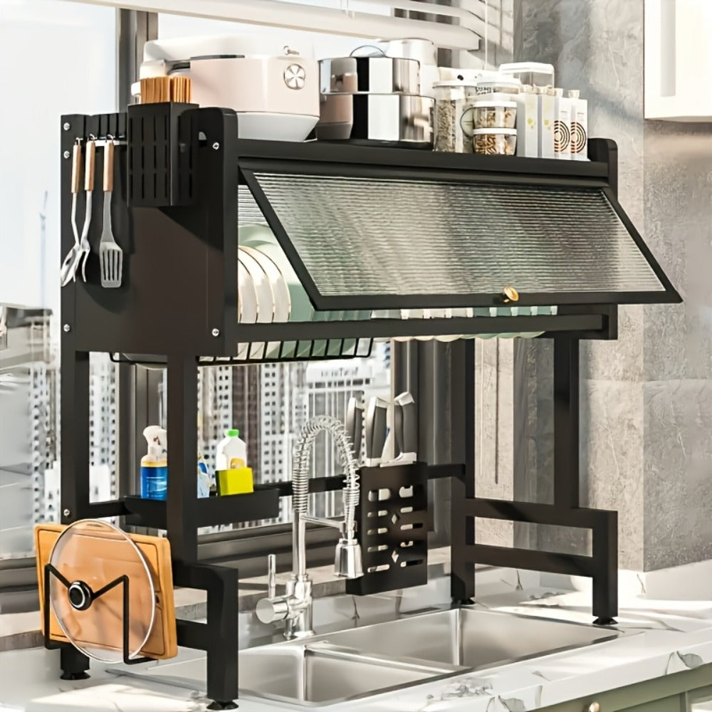Dish Drying Rack Multi-Layer Kitchen Countertop Organizer - Dust-Free Drainer for Plates Bowls Utensils