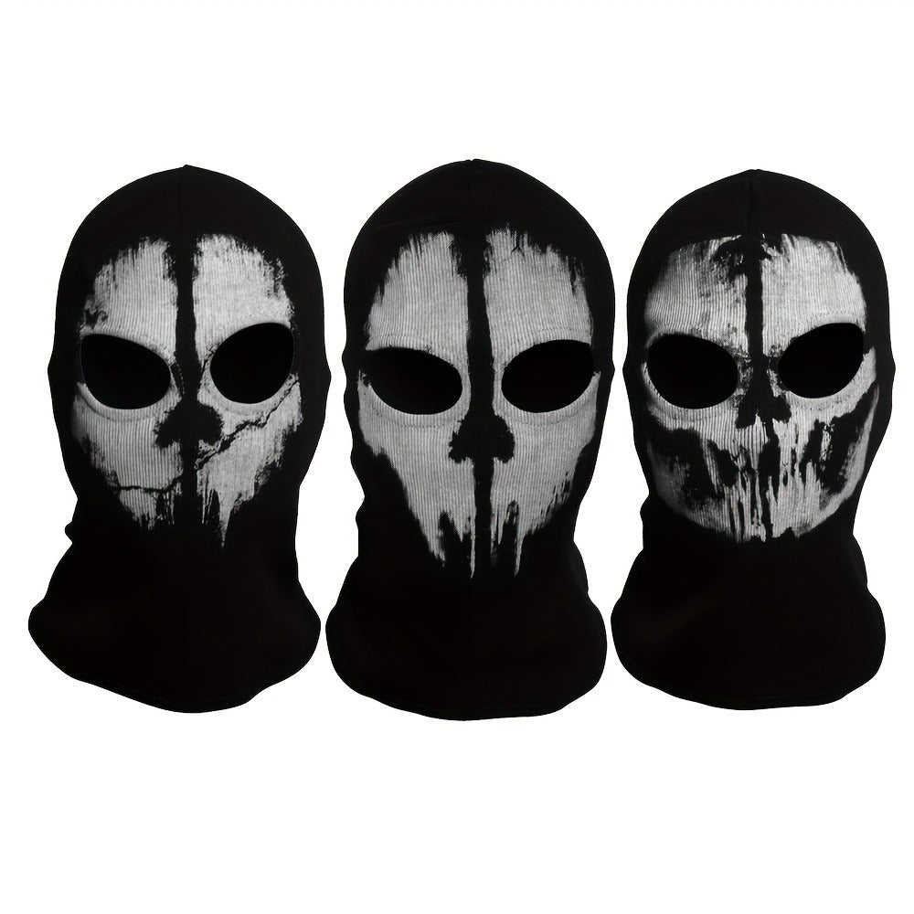 Printed Skull Balaclava Mask in Two Black Designs, Full-Face Stretch Fabric for Adult Costume Wear