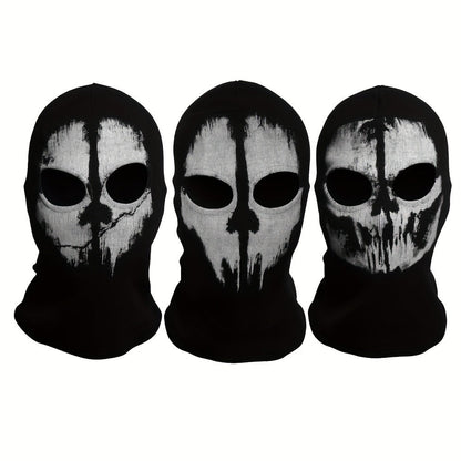 Printed Skull Balaclava Mask in Two Black Designs, Full-Face Stretch Fabric for Adult Costume Wear