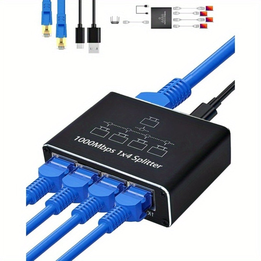 4-Port Ethernet Splitter USB Powered - 1 to 4 RJ45 Network Hub Adapter, Connect 4 Devices Simultaneously, Plug and Play LAN Port Expander for Home Office Gaming Smart TV NAS IP Camera