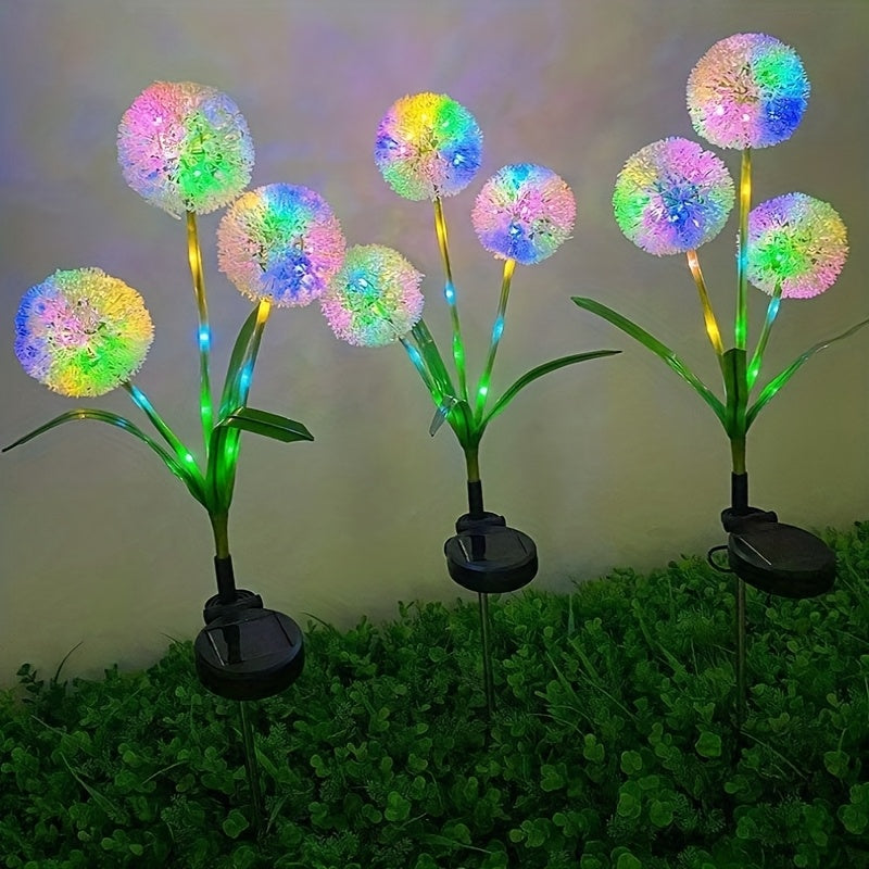 Three-Stem Solar Globe Garden Lights with Dandelion-Style Heads in Warm or Multicolor Options