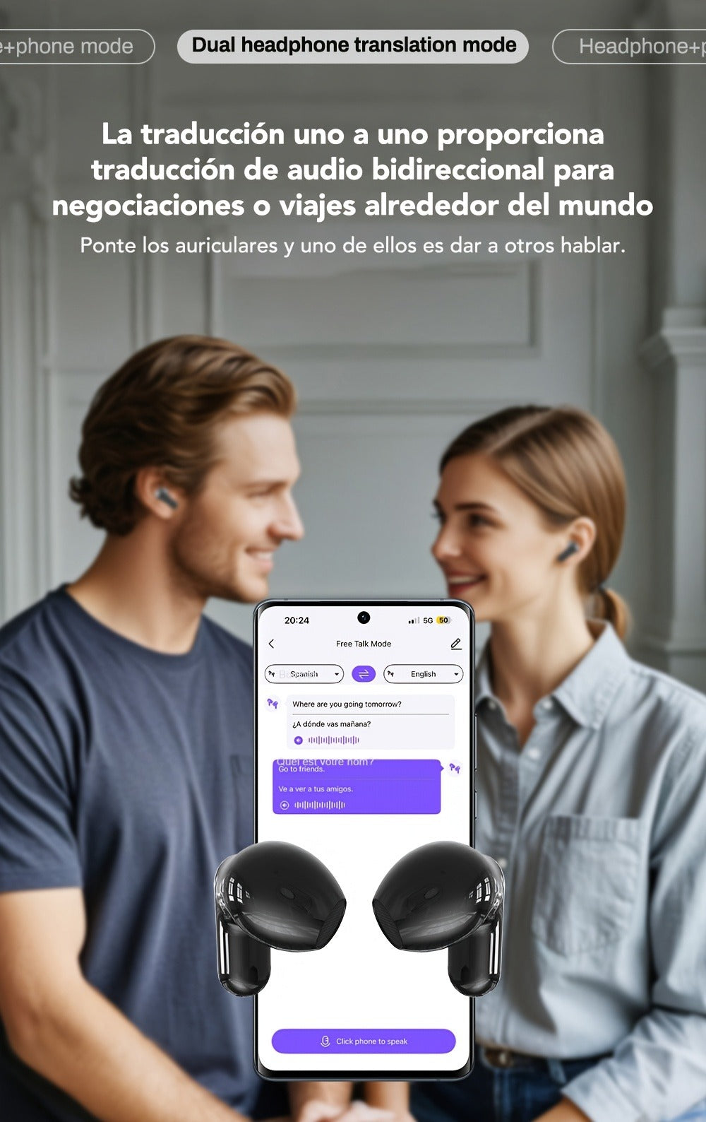 AI Translation Earbuds with Color Touchscreen Charging Case in Black or White and Five Bundle Options
