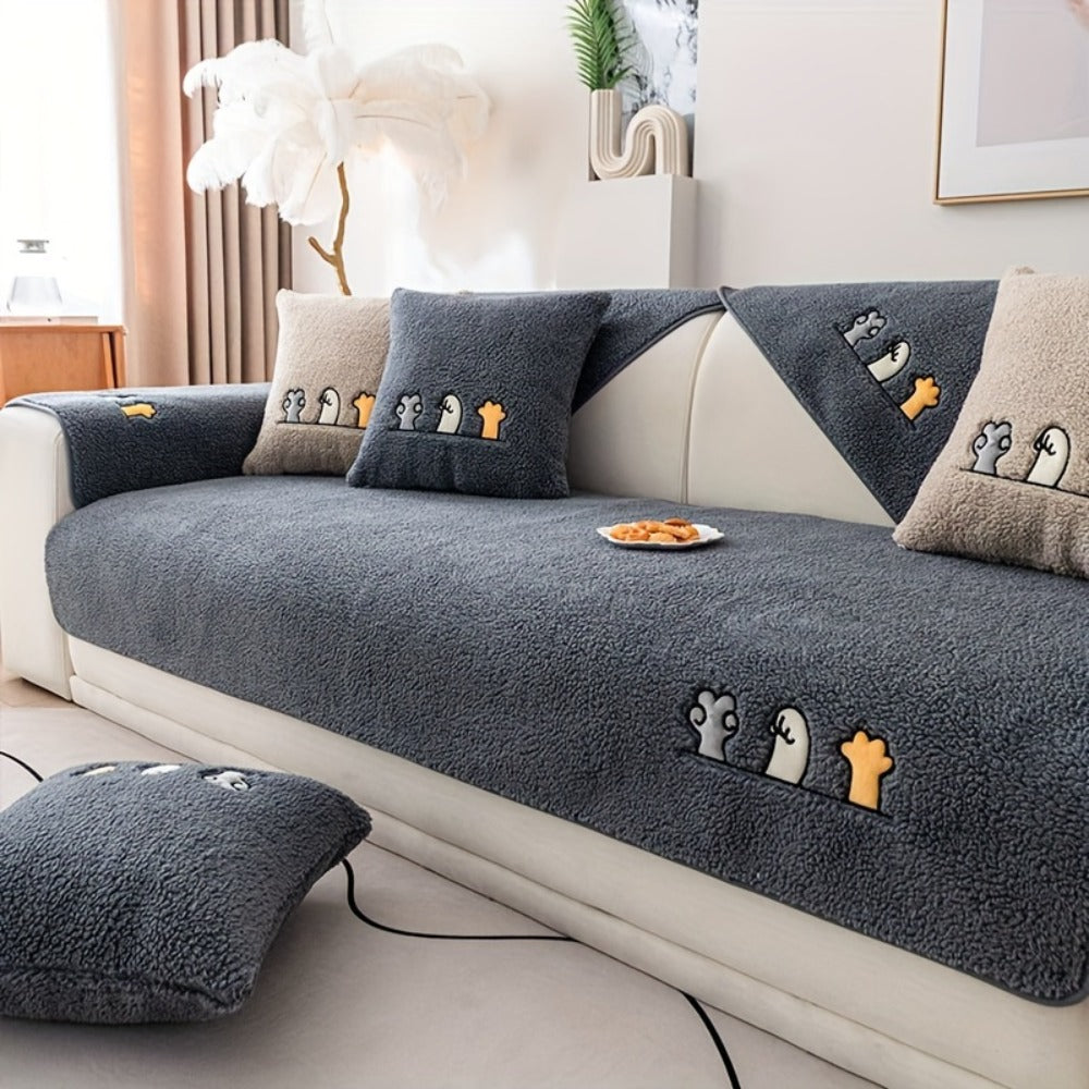 Sofa Cover Thick Plush Shearling Panels with Animal and Bone Embroidery and Non-Slip Feature for 2 to 4 Seats