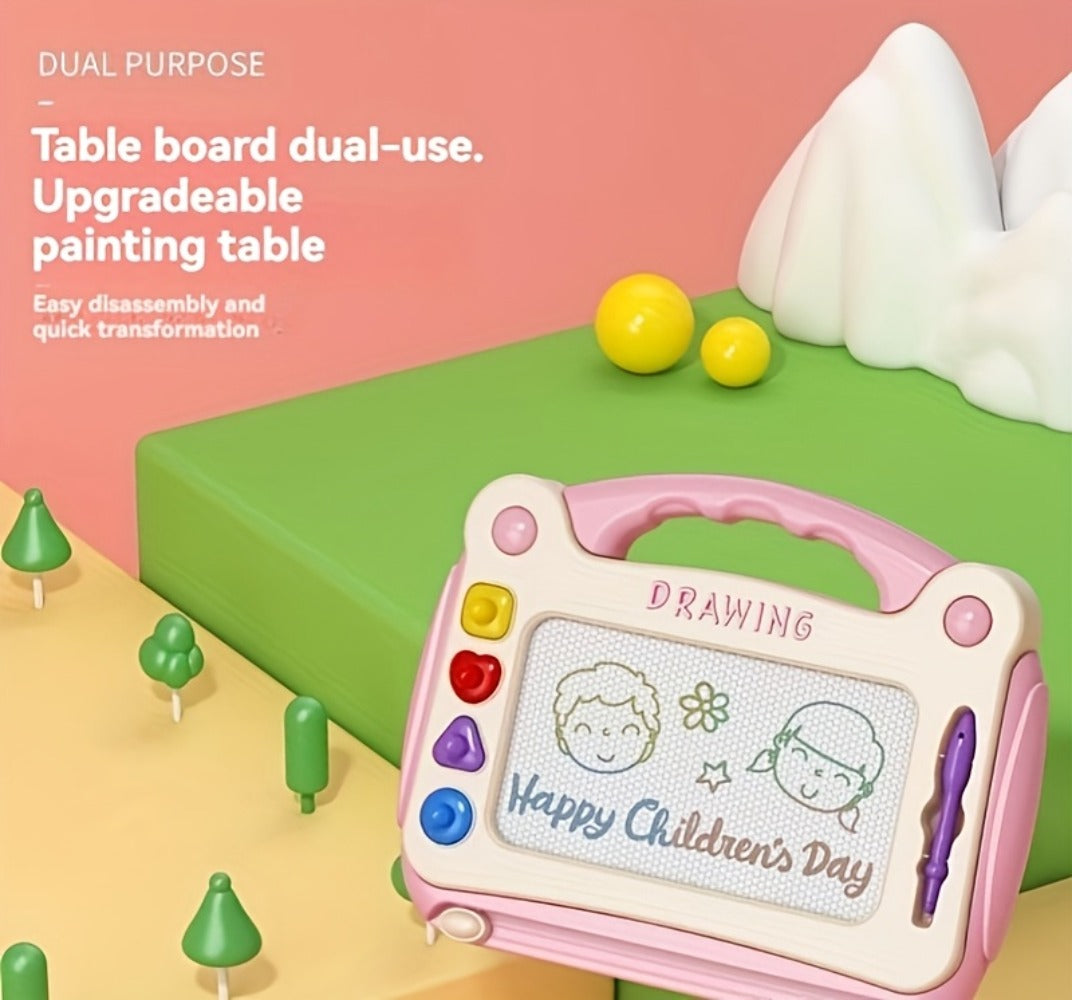 Three-Mode Magnetic Drawing Board with Four Stamps, Brush, Eraser Slider and Six Color Configurations