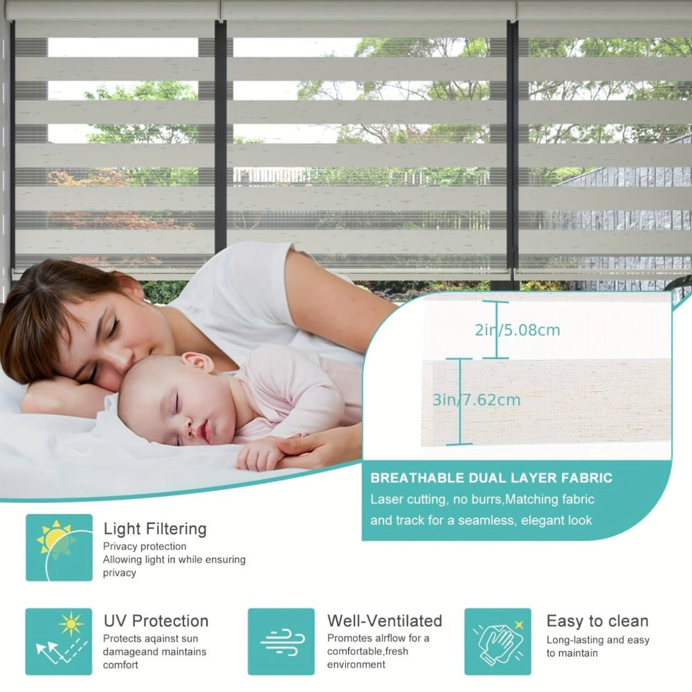 Cordless Zebra Roller Shade with Valance – Day Night Window Blind, Light Filtering Dual Layer Window Treatment Mesh Opaque Fabric