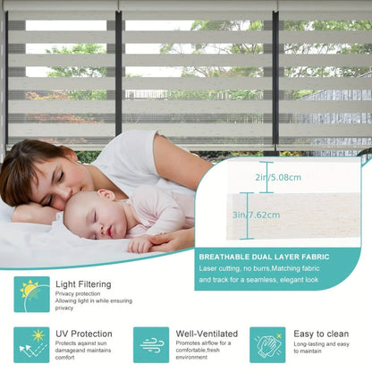 Cordless Zebra Roller Shade with Valance – Day Night Window Blind, Light Filtering Dual Layer Window Treatment Mesh Opaque Fabric