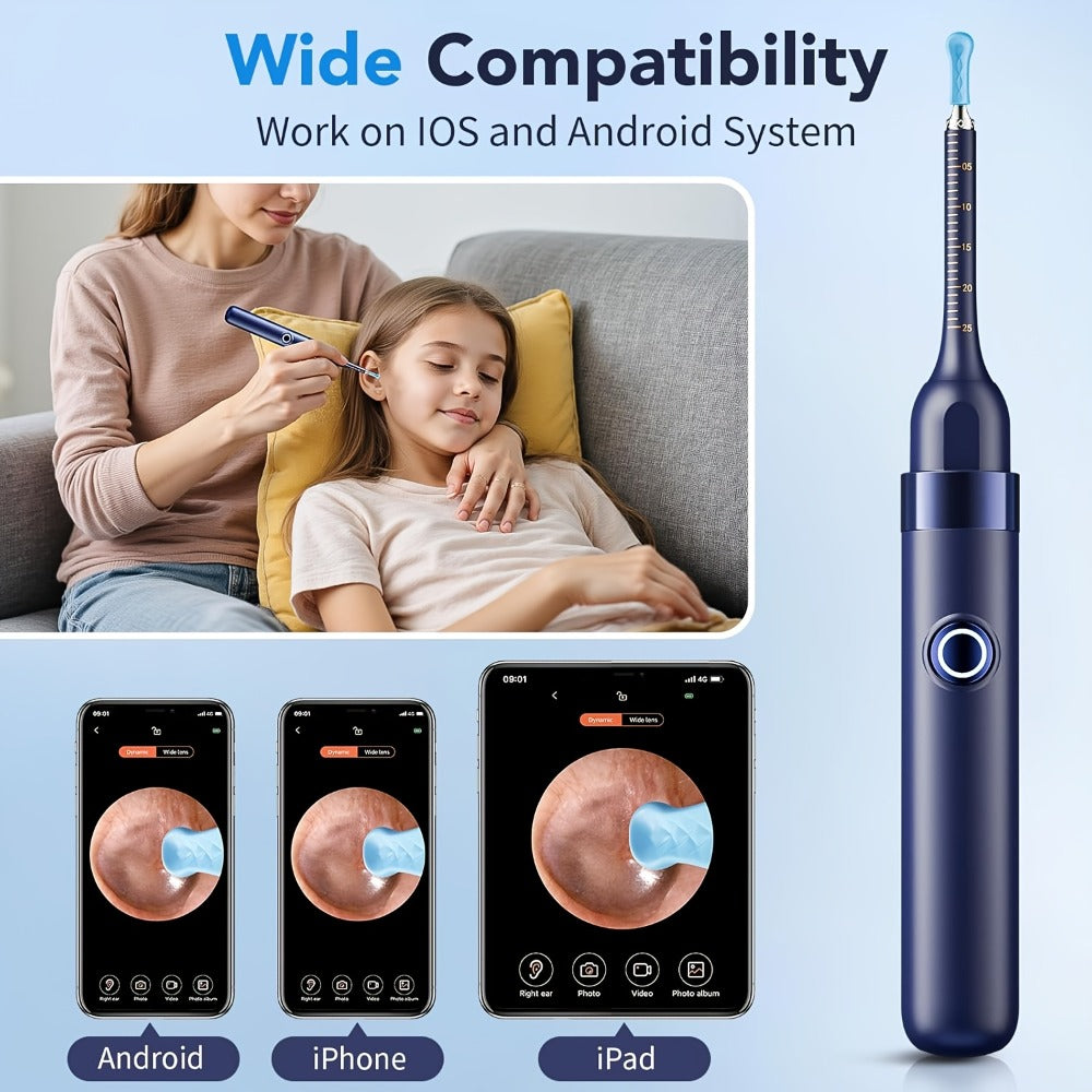 Rechargeable Camera Ear Cleaning Set with LED Light, Silicone Tips, Storage Case and Creamy White or Blue Finish