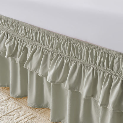Double Ruffle Bed Skirt 16" Drop | Elastic Wrap Around Dust Ruffle for Twin Full Queen King Bed | Easy Install Machine Washable Soft Linen Poly Blend Bedskirt