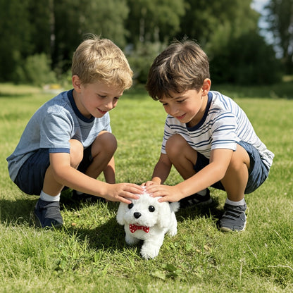 White Electronic Plush Robot Puppy Toy with Walking and Barking Box Icons in a White Gift-Box Option