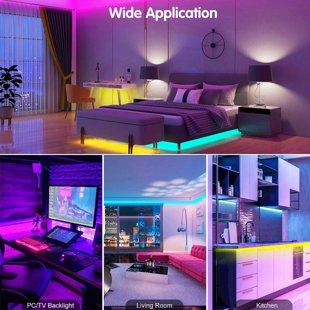 RGB LED Smart Light Strip 200FT Music Sync Color Changing – 44-Key Remote, Multi-Color Adjustable, Adhesive Install | Living Room, Bedroom, Gaming Room & Home Decoration