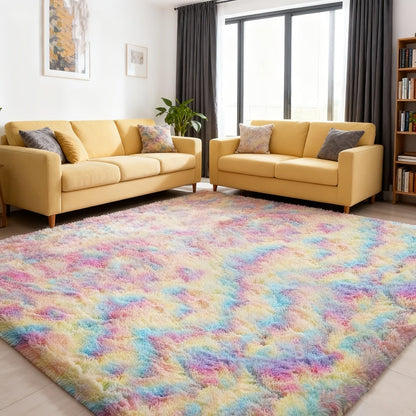 Area Rug Rainbow Tie-Dye Shag with Four Machine-Washable Sizes for Bedroom, Living Room or Office