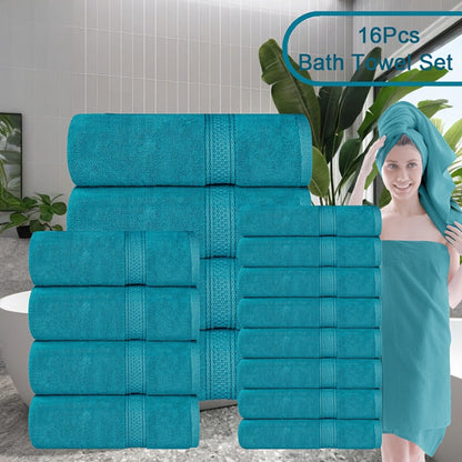 Towel Set 8 or 16 Piece Thickened Bath, Hand and Washcloth Collection in Multiple Solid Colors
