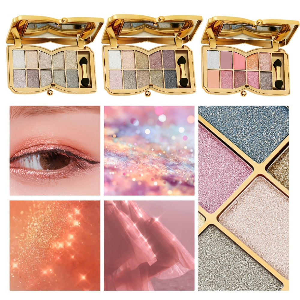 Eyeshadow Palette 10-Shade Gold Bow Compact with Mirror, Dual-Ended Applicator and Three Color Options