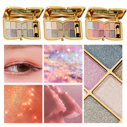 Eyeshadow Palette 10-Shade Gold Bow Compact with Mirror, Dual-Ended Applicator and Three Color Options