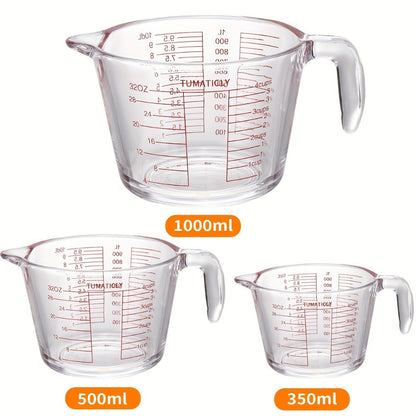 Clear Glass Measuring Cup Set with Pour Spouts, Handles, Red Graduations and One- or Three-Piece Options