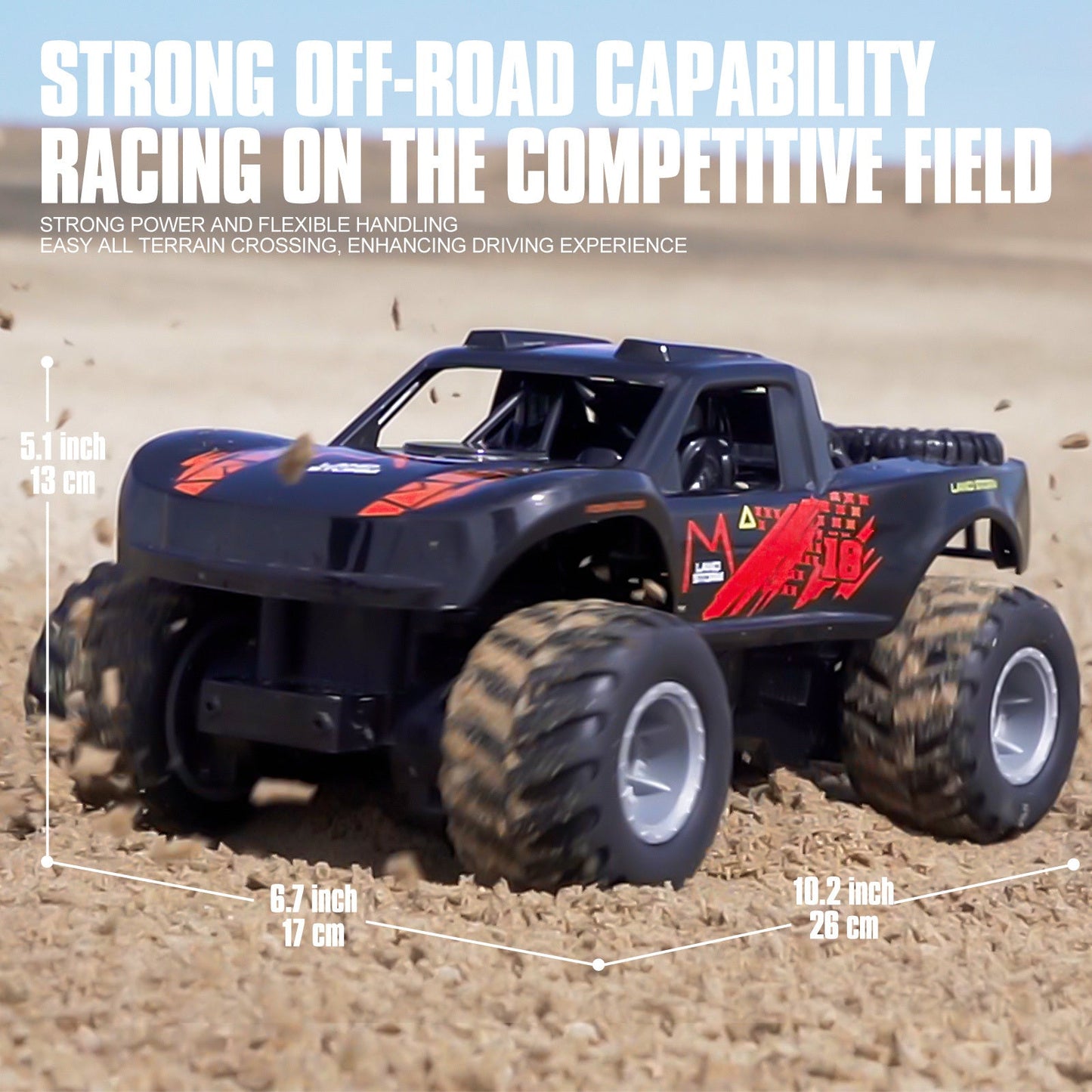 RC Monster Truck or Pickup 1:16 Scale in Five Body and Color Styles with 4WD Layout and Two Rechargeable Batteries