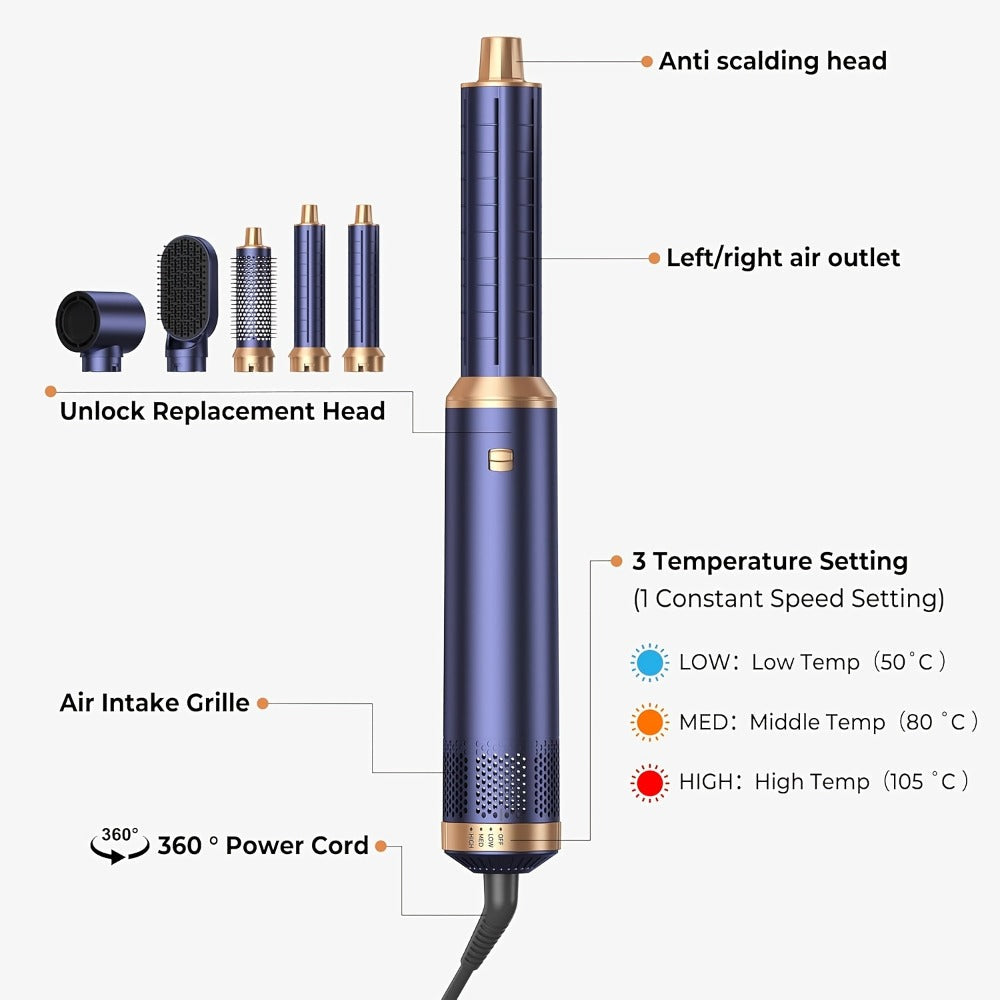 5-in-1 Hot Air Brush Hair Styling Tool with Three Temperature Settings and Five Attachments