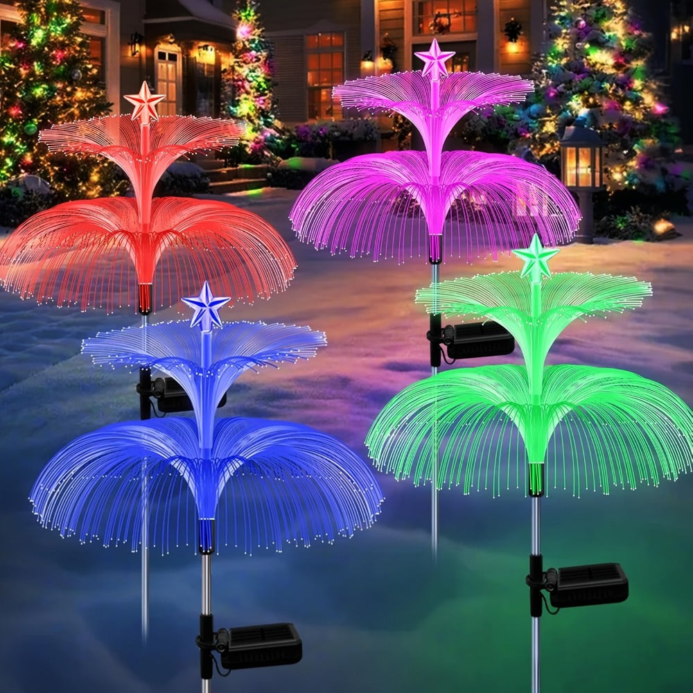 Solar Garden Light Fiber Optic Christmas Tree Stakes with 7-Color LEDs and 2 or 5-Layer Star Options